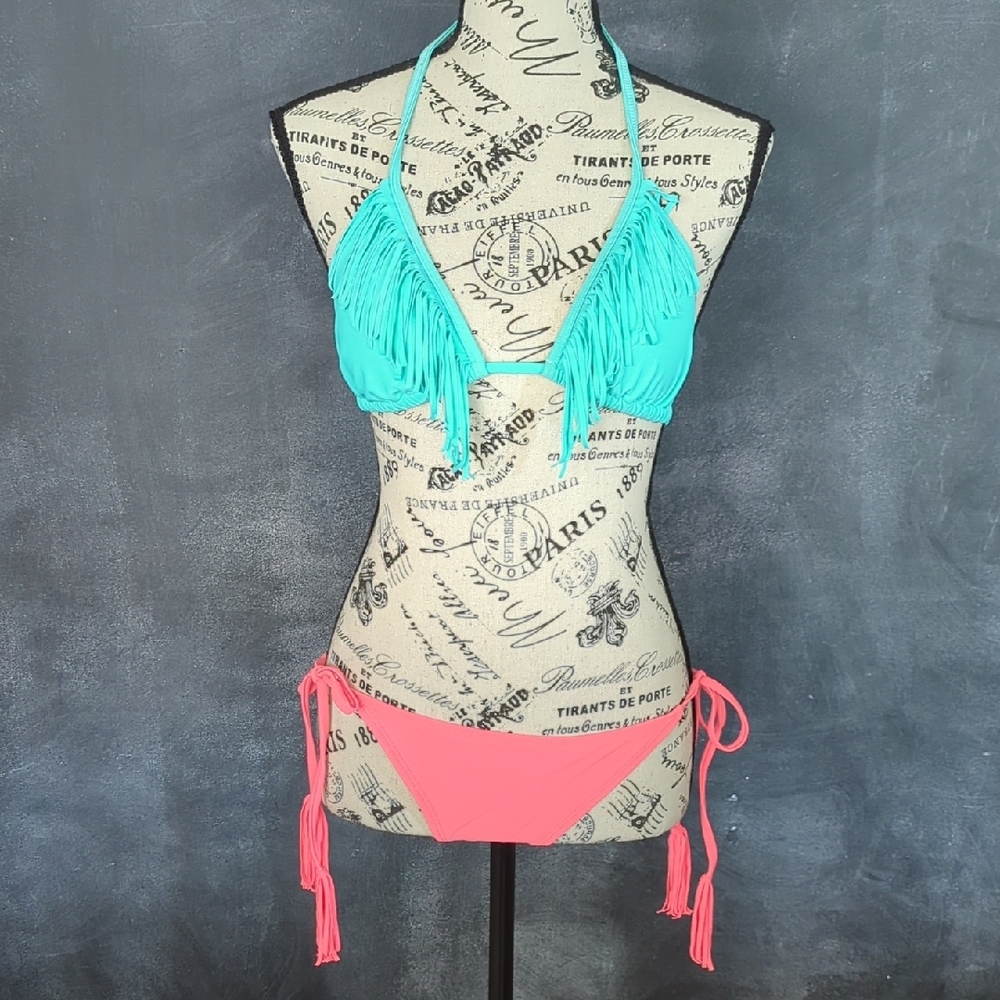 Fringe Halter Bikini Set - Turquoise and Pink